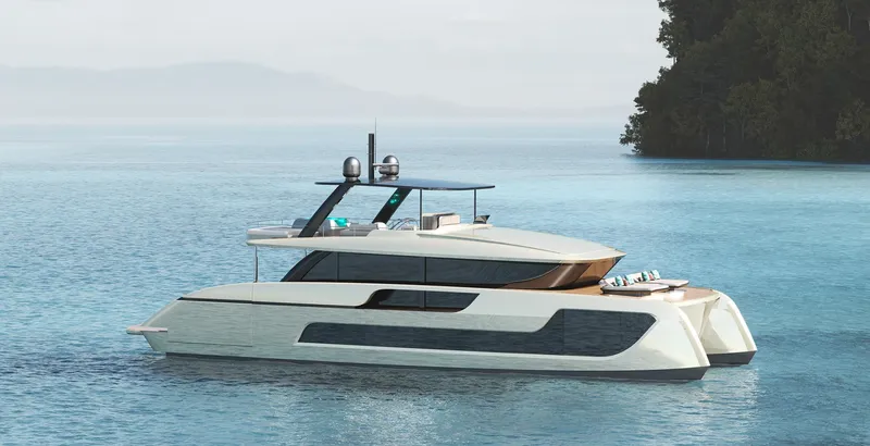 Slide: The Image of Luxury Sunreef 77 Ultima yacht, 2026 model, cruising on serene waters near a forested shoreline. - 11