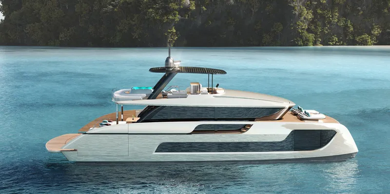 Slide: The Image of Luxurious 2026 Sunreef 77 Ultima yacht on serene blue waters. - 12
