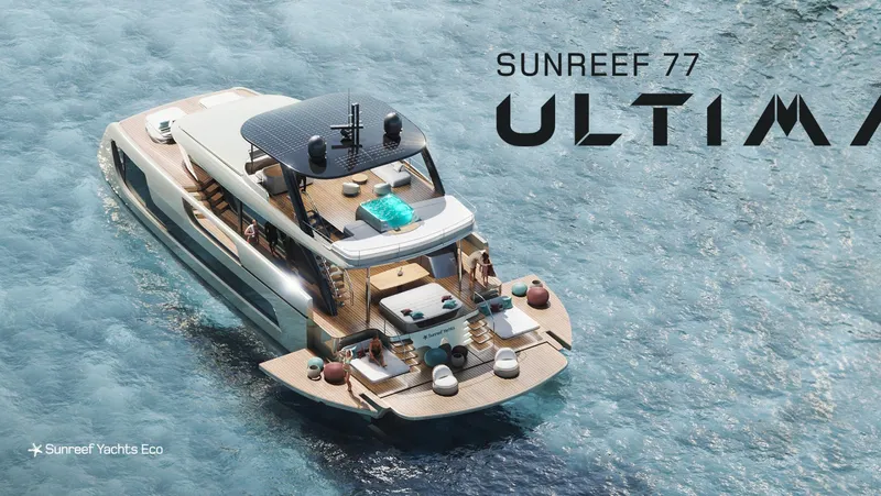 Slide: The Image of Luxury Sunreef 77 Ultima yacht cruising on clear blue water, showcasing modern design and eco-friendly features. - 15