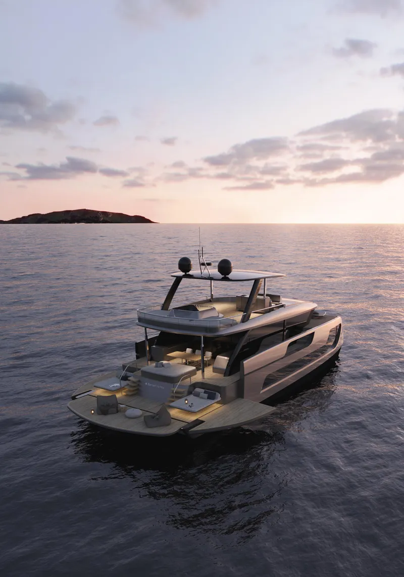 Slide: The Image of Luxury Sunreef 77 Ultima yacht cruising at sunset, 2026 model, serene ocean view. - 2