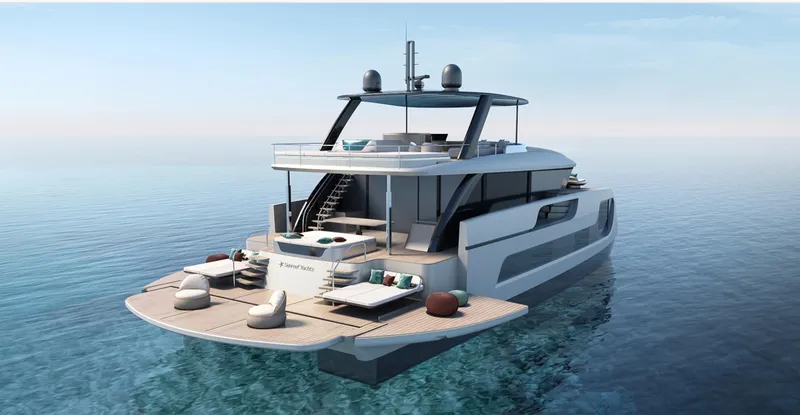 Slide: The Image of Luxurious 2026 Sunreef 77 Ultima yacht on serene ocean waters. - 5
