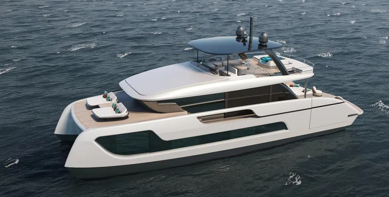 Slide: The Image of Luxury Sunreef 77 Ultima yacht cruising on open sea, 2026 model. - 9