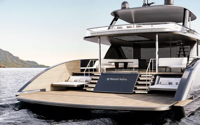 Slide: The Image of Luxury Sunreef 88 Ultima yacht, 2026 model, featuring sleek design and spacious deck on open water. - 11