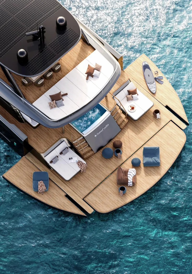 Slide: The Image of Luxury Sunreef 88 Ultima yacht, 2026 model, with spacious deck and elegant design on blue water. - 13