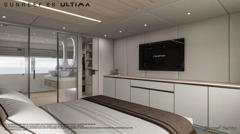 Slide: The Image of Luxurious interior of 2026 Sunreef 88 Ultima yacht with modern bedroom and ensuite bathroom. - 22