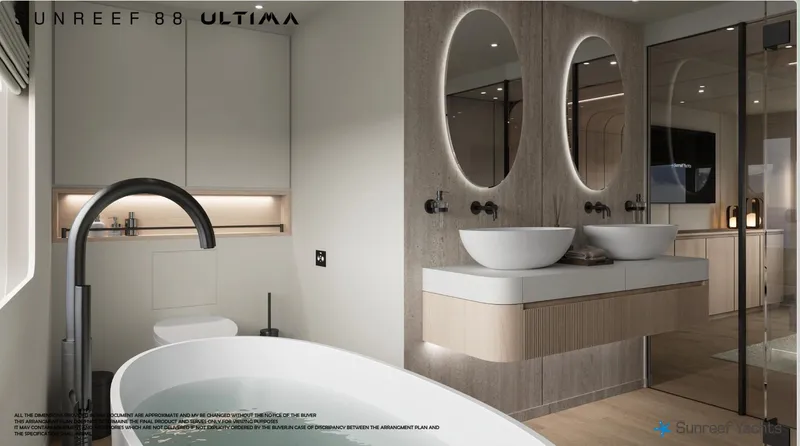 Slide: The Image of Luxurious bathroom in 2026 Sunreef 88 Ultima yacht with modern fixtures and dual sinks. - 24