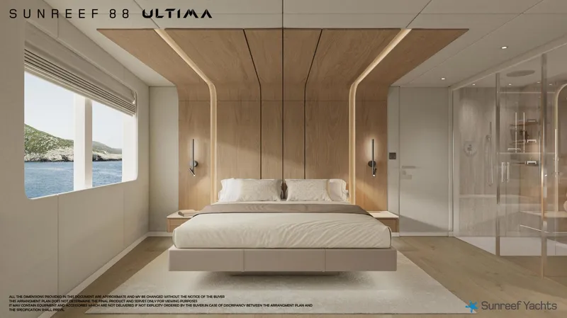 Slide: The Image of Luxurious Sunreef 88 Ultima 2026 yacht bedroom with modern design and ocean view. - 26