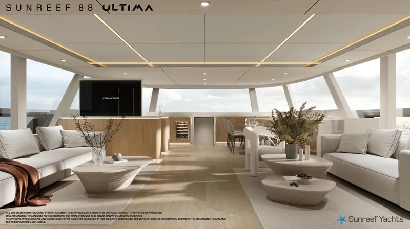 Slide: The Image of Luxurious interior of 2026 Sunreef 88 Ultima yacht with modern furnishings and panoramic ocean views. - 28