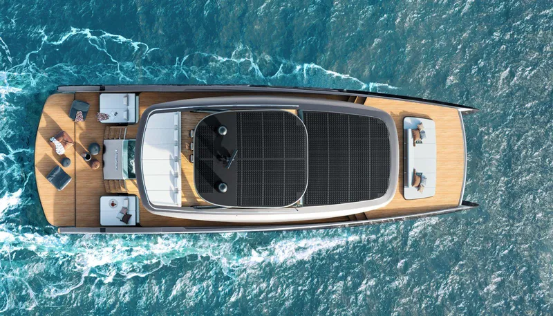 Slide: The Image of Sunreef 88 Ultima 2026 yacht cruising on ocean, top view with solar panels. - 4