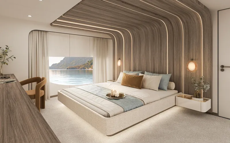 Slide: The Image of Luxurious bedroom interior on 2026 Sunreef 88 Ultima yacht with ocean view. - 6