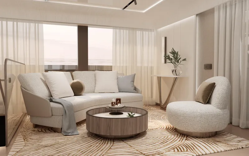 Slide: The Image of Luxurious Sunreef 88 Ultima 2026 yacht interior with elegant seating and modern decor. - 7