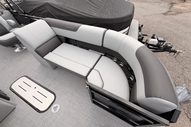 Slide: The Image of Luxurious seating on 2026 Veranda VR 235 RC pontoon boat, featuring sleek design and comfort. - 11