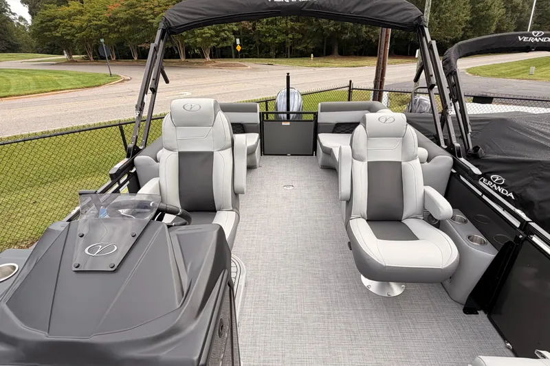 Slide: The Image of 2026 Veranda VR 235 RC pontoon boat with luxurious seating and sleek design. - 12
