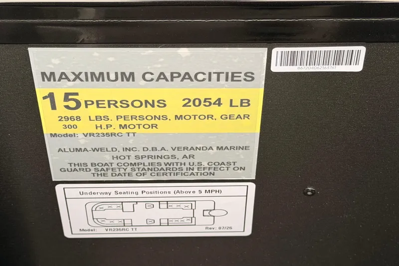 Slide: The Image of 2026 Veranda VR 235 RC capacity label: 15 persons, 2054 lbs, 300 HP motor. - 15