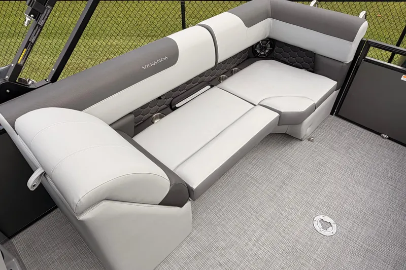 Slide: The Image of 2026 Veranda VR 235 RC boat interior with luxurious gray seating and modern design. - 16