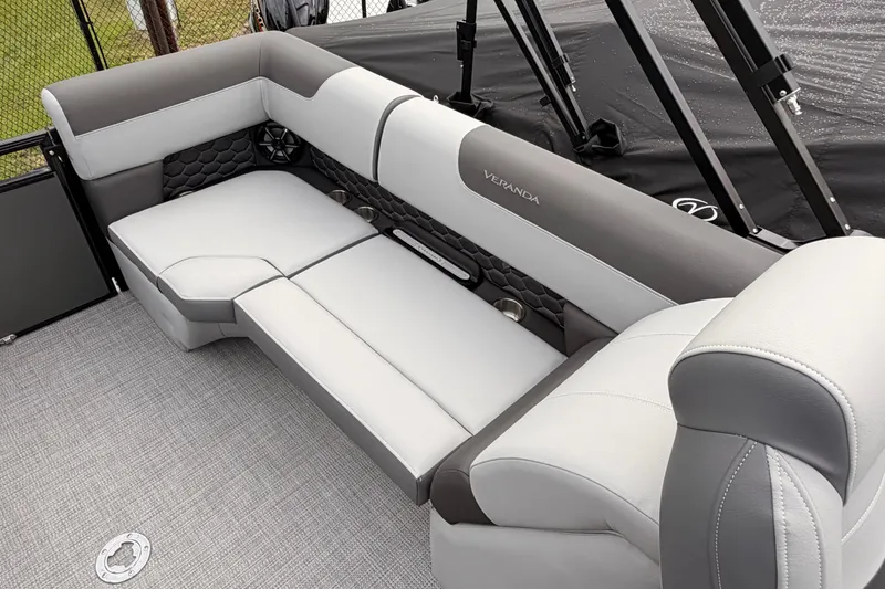 Slide: The Image of Luxurious seating on 2026 Veranda VR 235 RC boat, featuring elegant gray upholstery. - 17