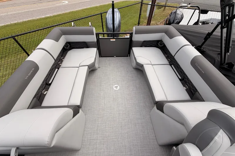 Slide: The Image of 2026 Veranda VR 235 RC boat interior with luxurious gray seating and modern design. - 18