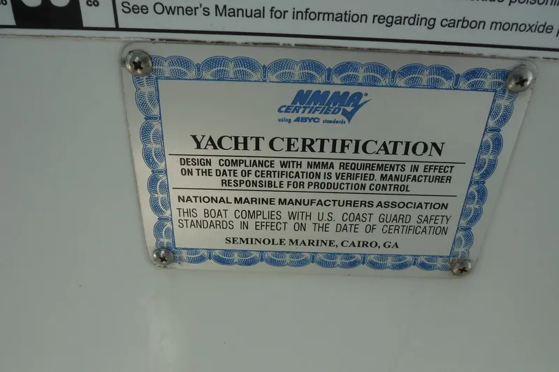 Slide: The Image of Yacht certification plaque on 2008 Sailfish 2660 CC, NMMA compliance, Seminole Marine, Cairo, GA. - 42