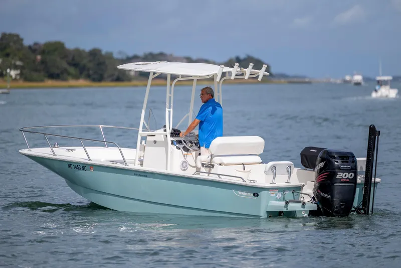 Slide: The Image of 2018 Boston Whaler 210 Montauk boat cruising on a calm waterway. - 10