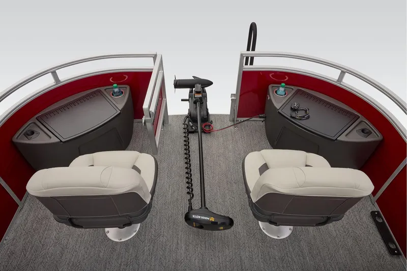 Slide: The Image of Manufacturer Provided Image: 2026 Sun Tracker Fishin' Barge 22 DLX interior with seating and fishing equipment. - 47