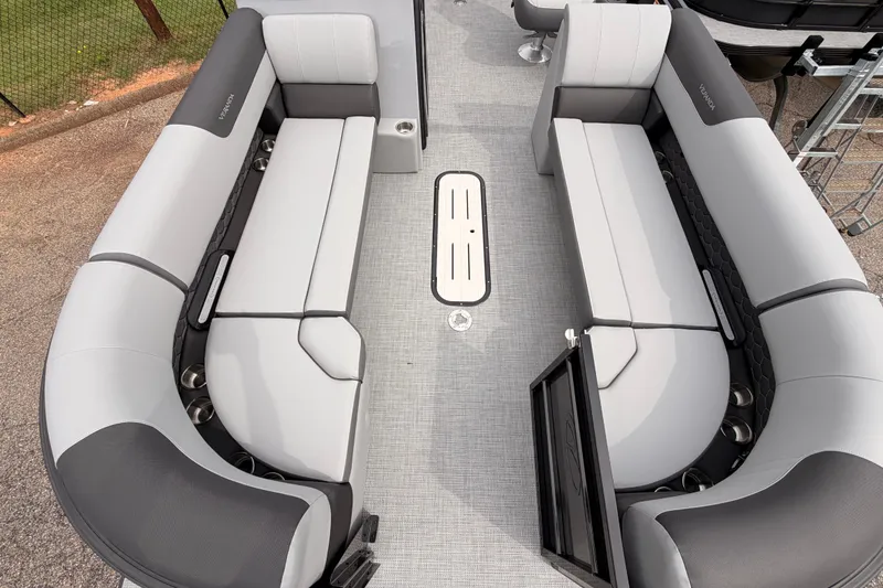 Slide: The Image of 2026 Veranda VR 265 VLI pontoon boat interior with gray seating and modern design. - 10