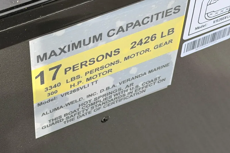 Slide: The Image of 2026 Veranda VR 265 VLI capacity label, 17 persons, 2426 lbs, 300 HP motor. - 15