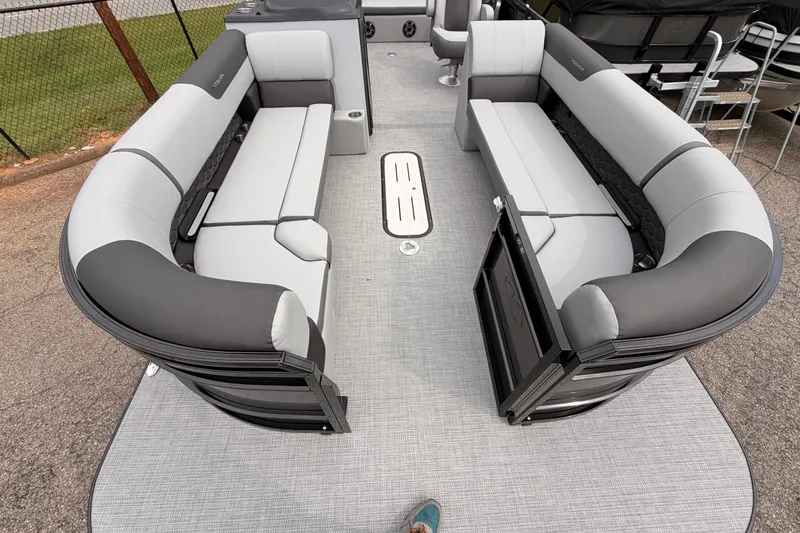 Slide: The Image of 2026 Veranda VR 265 VLI pontoon boat interior with gray seating and flooring. - 7