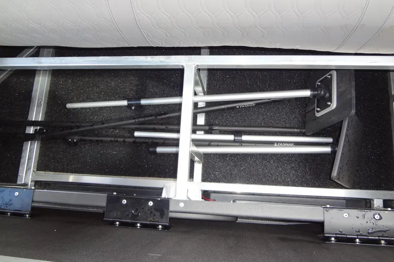 Slide: The Image of 2024 Tahoe Pontoon 2585 VRL under-seat storage with aluminum frame and accessories. - 18