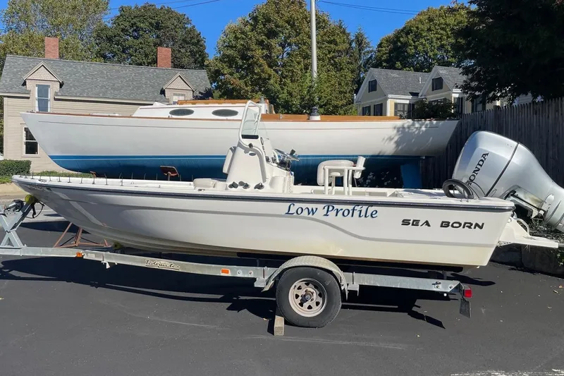 The Image of 2021 Sea Born FX21 Bay boat on trailer, labeled "Low Profile," with Honda outboard motor. - 0