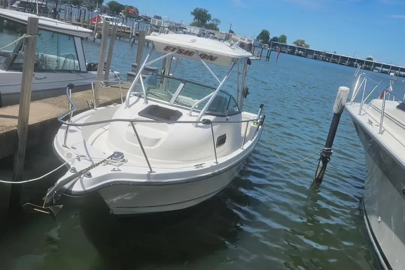 The Image of 2002 Bayliner Trophy Walkaround boat docked in a marina. - 1