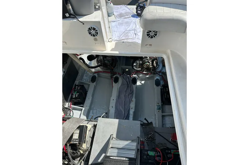 Slide: The Image of Engine compartment of a 2007 Doral 40 MEDITERRA boat, showing mechanical components and wiring. - 27