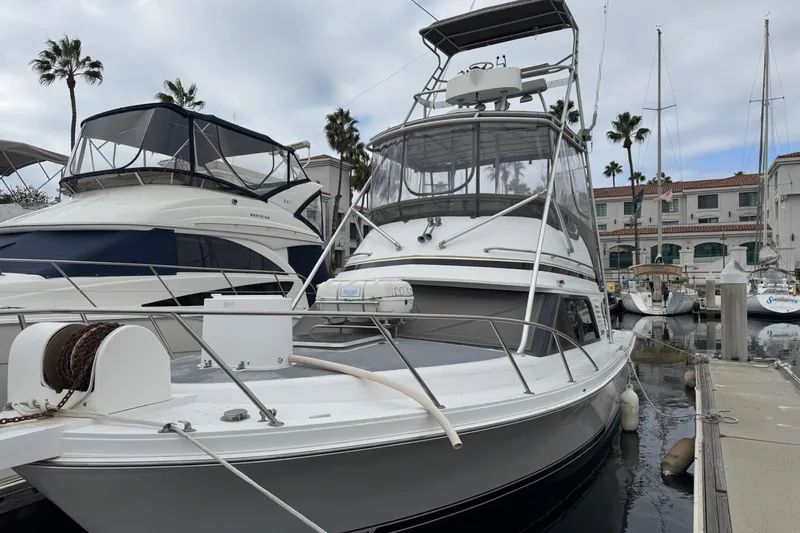 Slide: The Image of 1993 Blackfin Sportfisher boat docked at marina with palm trees and buildings in background. - 1