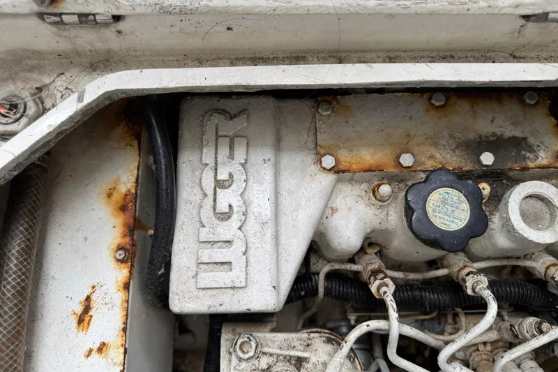 Slide: The Image of 1993 Blackfin Sportfisher engine detail with visible rust and wear. - 59