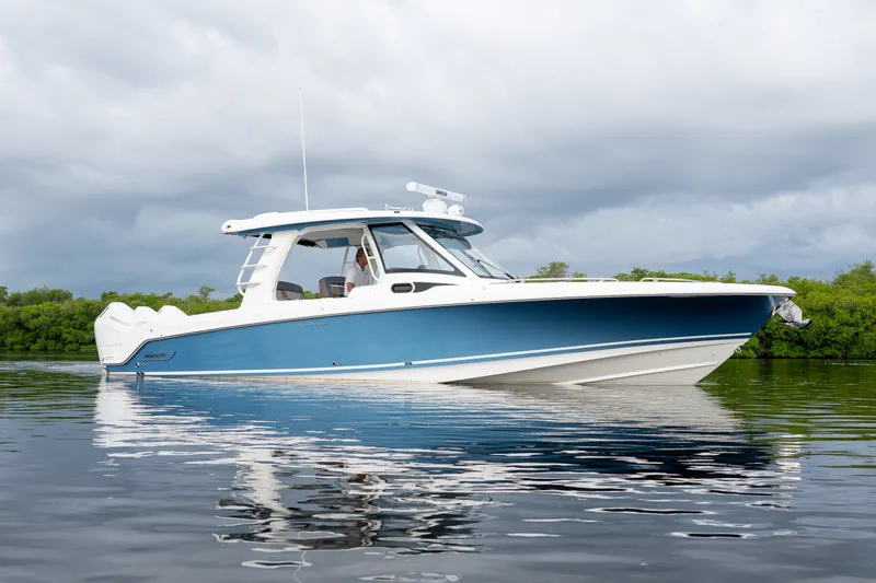 Slide: The Image of A sleek blue and white boat floating calmly on the water, surrounded by green vegetation. - 0