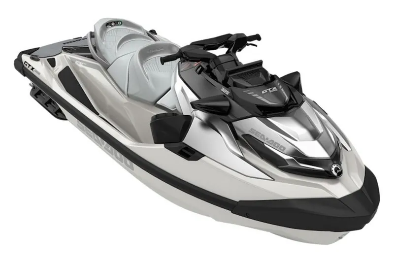 The Image of 2026 Sea-Doo GTX Limited 325 jet ski, sleek design, silver and black color scheme. - 2