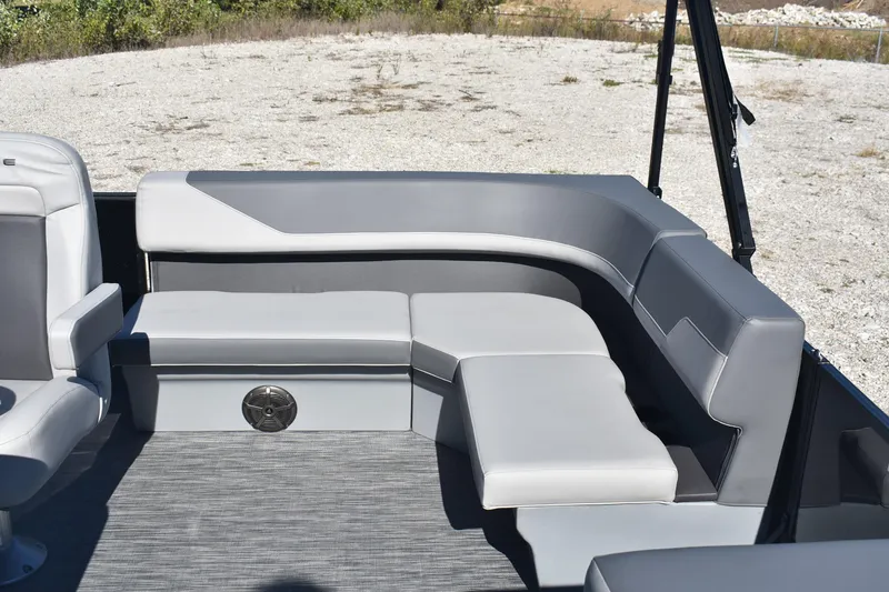 Slide: The Image of Interior seating of 2026 Lowe LS 170 boat with gray upholstery. - 14