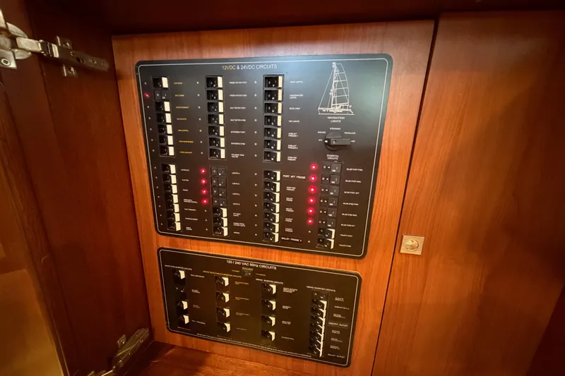 Slide: The Image of Electrical panel of 2023 Royal Cape Catamarans Majestic 530, featuring circuit controls. - 106