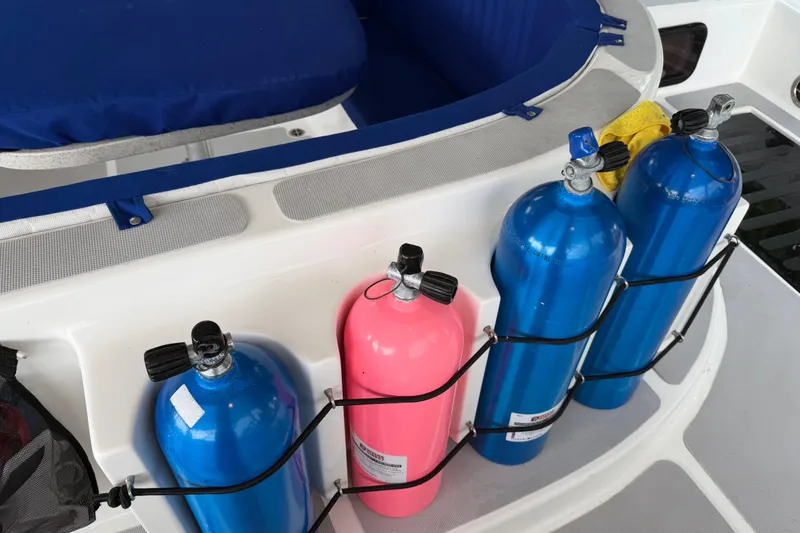 Slide: The Image of Scuba tanks secured on a 2023 Royal Cape Catamarans Majestic 530 deck. - 50