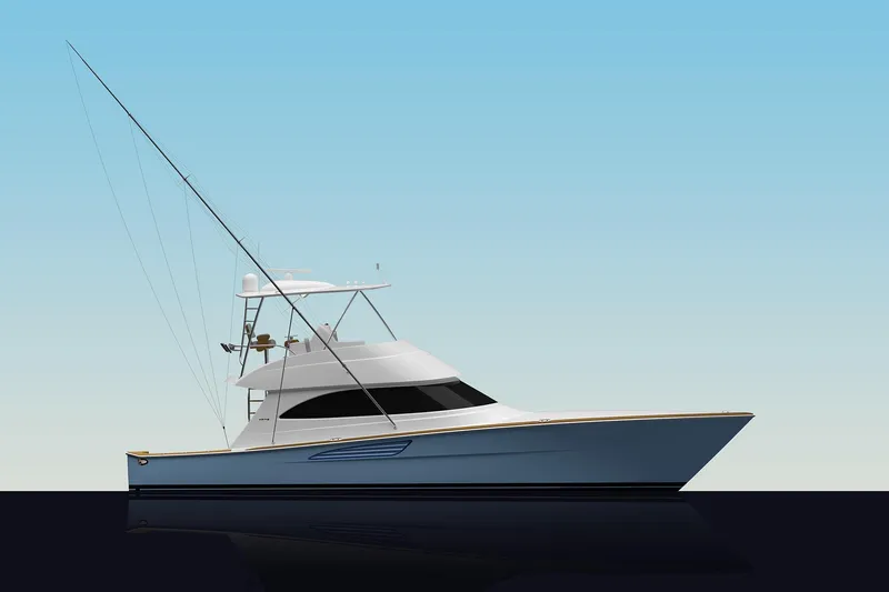 The Image of 2026 Viking 50 Convertible yacht on calm water under clear blue sky. - 0