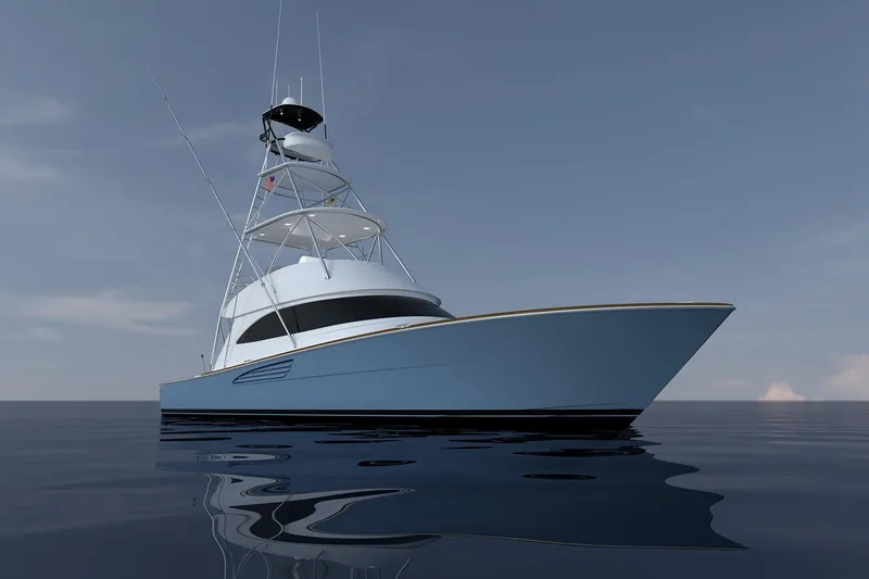 Slide: The Image of 2026 Viking 50 Convertible yacht on calm ocean waters under clear sky. - 1