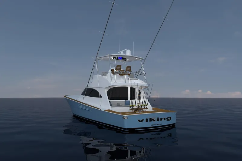Slide: The Image of 2026 Viking 50 Convertible yacht on calm ocean waters, rear view. - 2