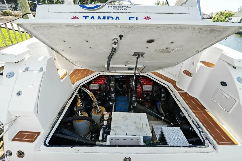 Slide: The Image of 2005 Regal Commodore 3560 engine compartment with open hatch, showcasing mechanical components. - 36