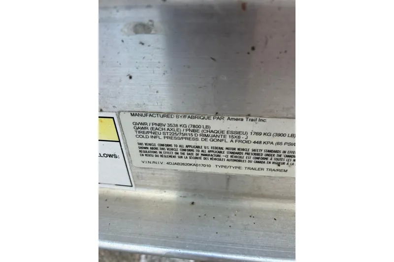 Slide: The Image of Label on a 2019 Pathfinder 2600 HPS trailer, detailing weight and tire specifications. - 10
