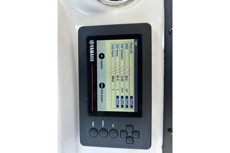 Slide: The Image of Yamaha display on 2019 Pathfinder 2600 HPS showing trip data and total hours. - 38