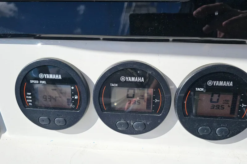 Slide: The Image of Yamaha gauges on 2024 Sea Fox 268 Commander boat dashboard, displaying speed and tachometer readings. - 21