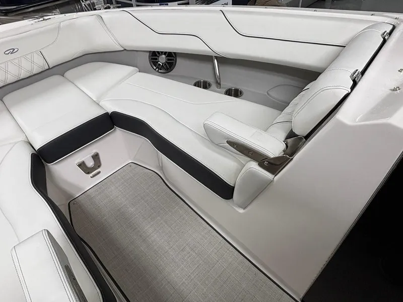 Slide: The Image of Luxurious interior of 2026 Regal LX6 boat with white leather seating and modern design. - 21