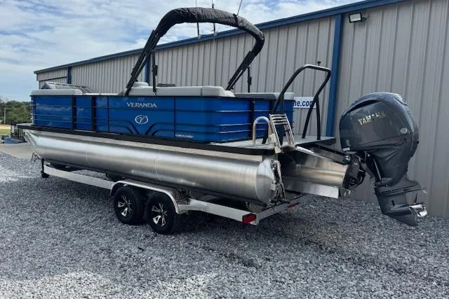 Slide: The Image of 2026 Veranda VV22RC pontoon boat with Yamaha outboard motor on a trailer. - 3
