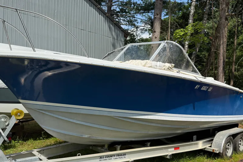 The Image of 1965 Bertram boat with blue hull on trailer, parked near trees and metal building. - 0