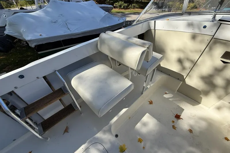 Slide: The Image of 1965 Bertram boat interior with white seating and wooden steps, surrounded by autumn leaves. - 41
