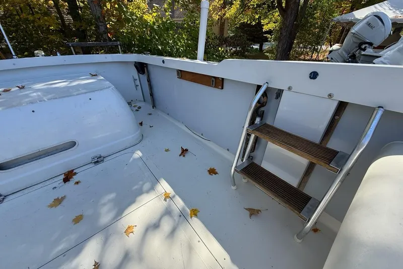 Slide: The Image of 1965 Bertram boat deck with ladder, scattered autumn leaves, and wooded background. - 46